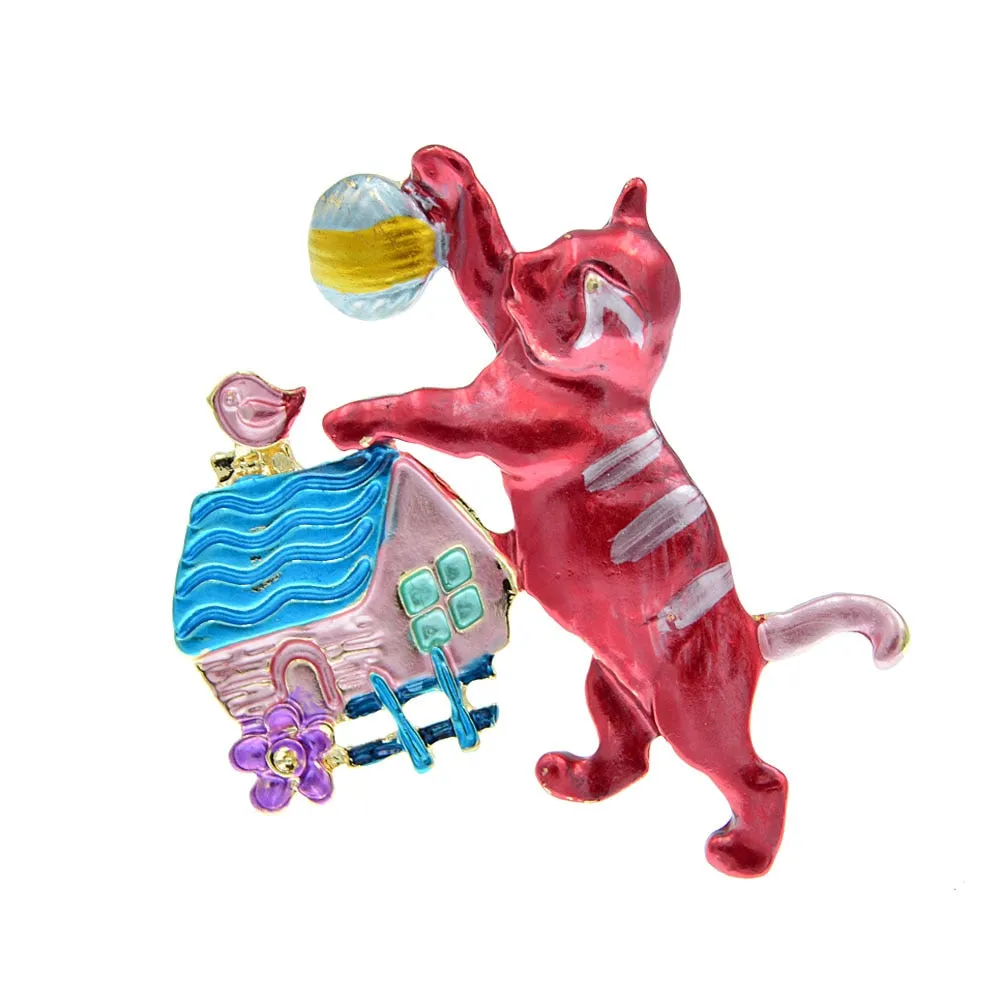 Enamel Play Ball Cat Cute Animal Kitty Pin Brooches For Women