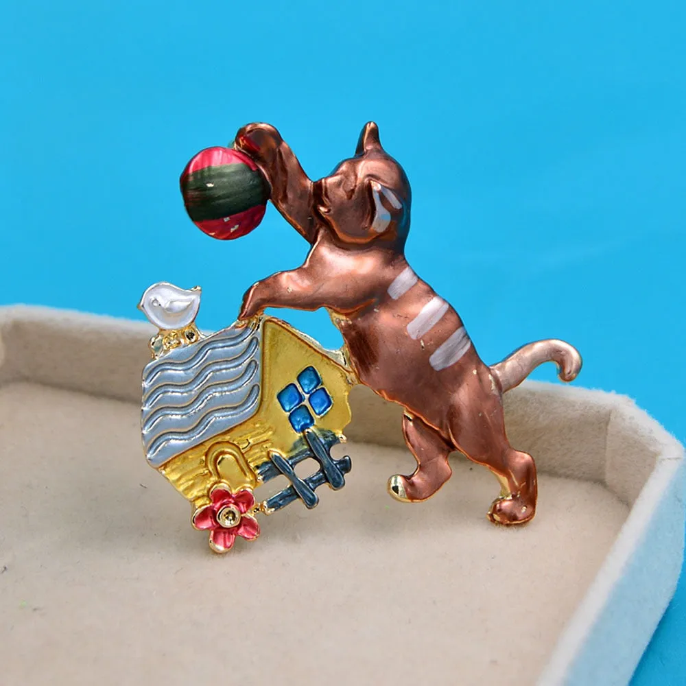 Enamel Play Ball Cat Cute Animal Kitty Pin Brooches For Women