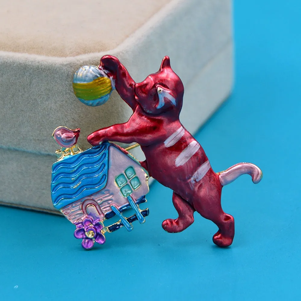 Enamel Play Ball Cat Cute Animal Kitty Pin Brooches For Women