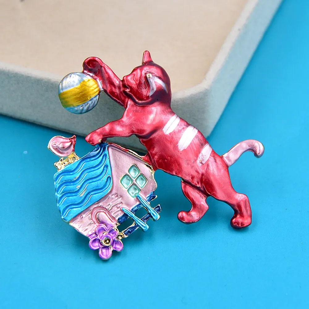 Enamel Play Ball Cat Cute Animal Kitty Pin Brooches For Women
