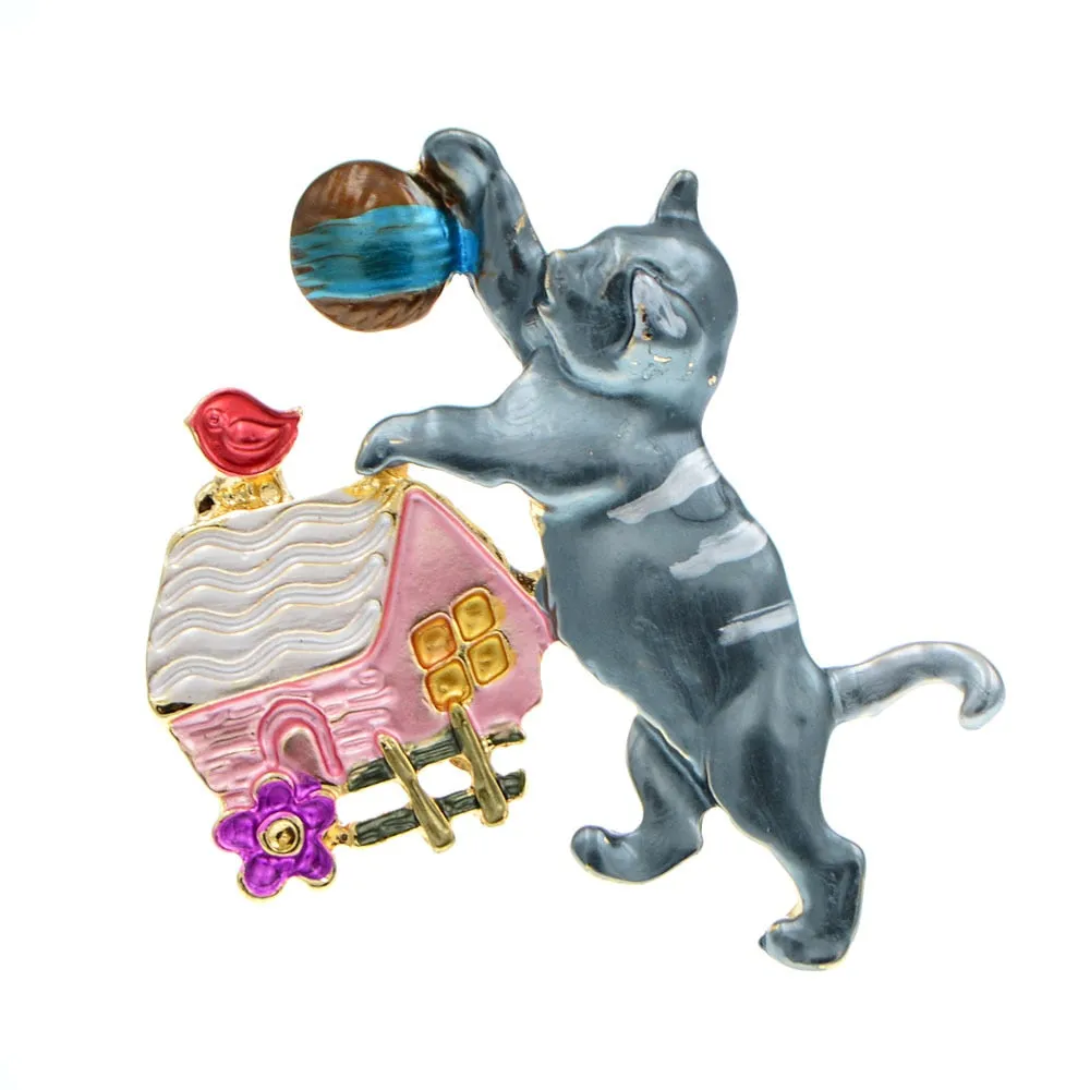 Enamel Play Ball Cat Cute Animal Kitty Pin Brooches For Women