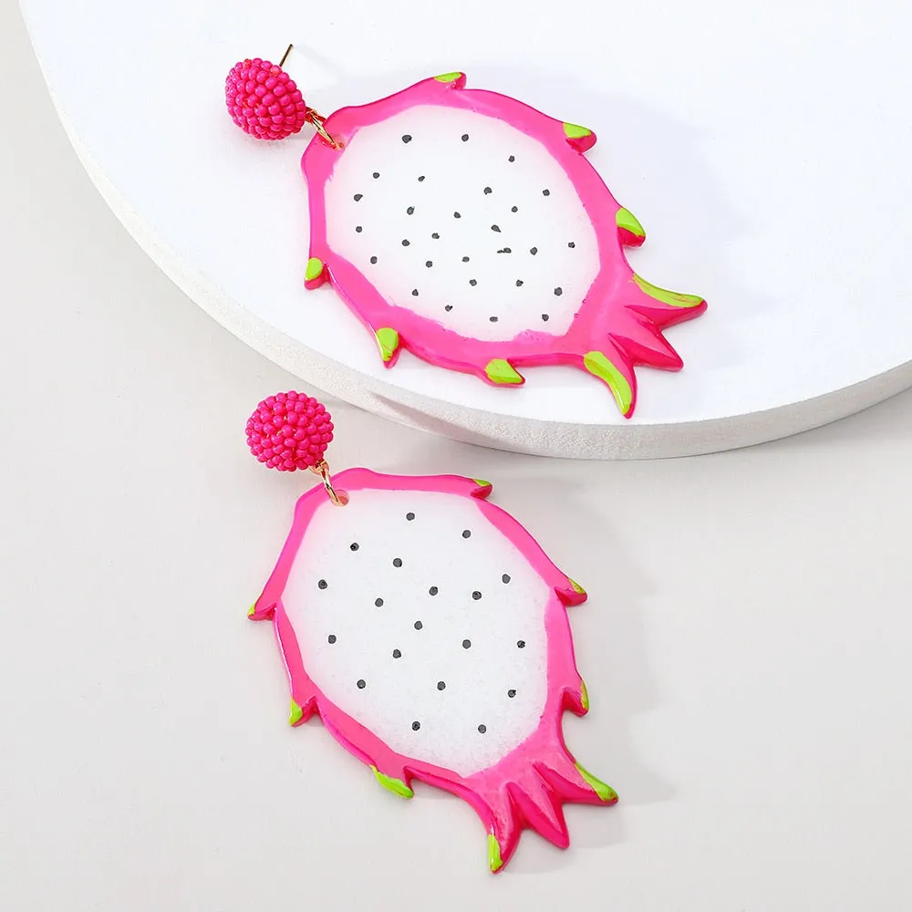 Fashion Acrylic Fruit Lemon Pitaya Strawberry Big Dangle Earrings For Women