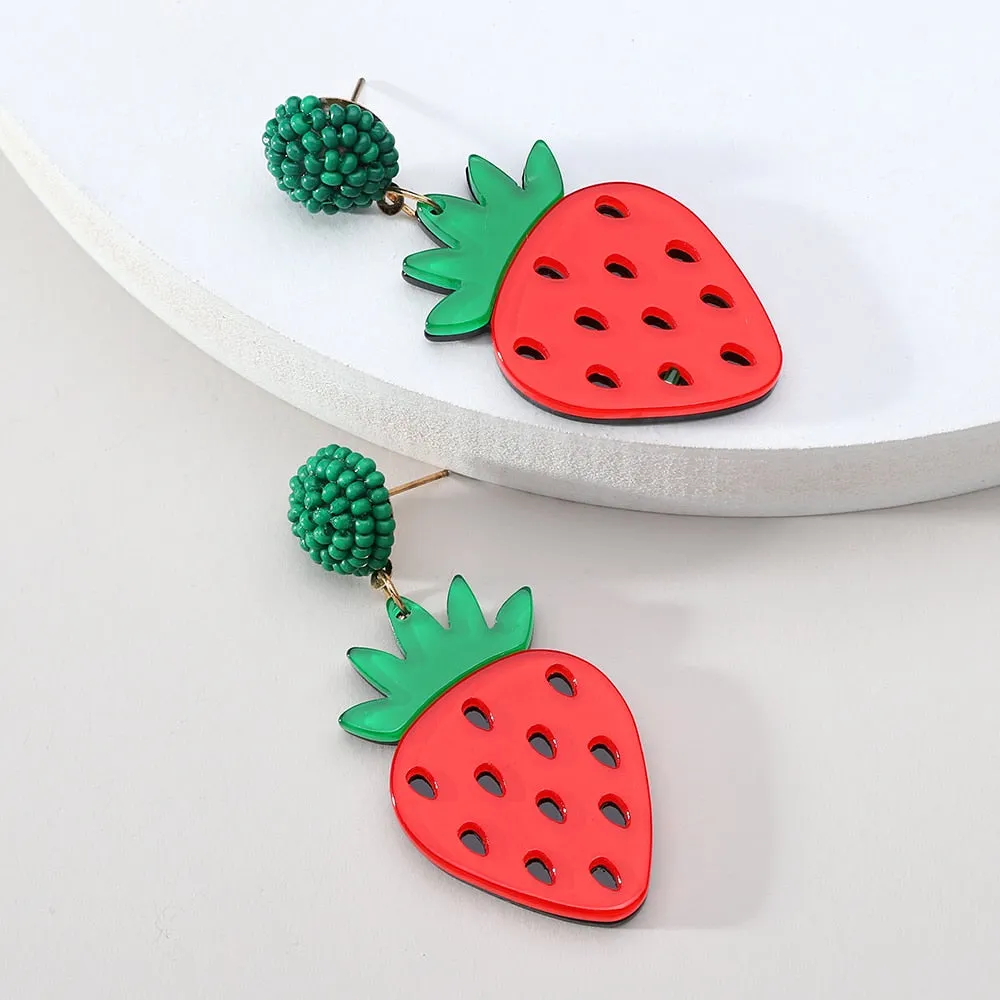 Fashion Acrylic Fruit Lemon Pitaya Strawberry Big Dangle Earrings For Women