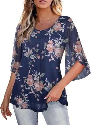 FOLUNSI Women's Plus Size 3/4 Ruffle Sleeve Blouses Double Layers Mesh Shirts Tunic Tops L-4XL