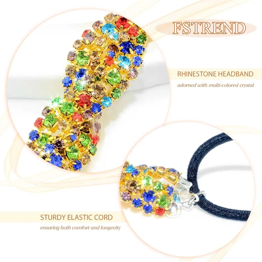 Fstrend Gold Elastic Rhinestone headbands Sparkly Crystal Braid Head Chain for Women (Colors A)