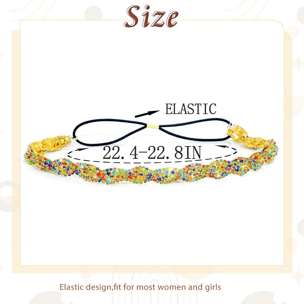 Fstrend Gold Elastic Rhinestone headbands Sparkly Crystal Braid Head Chain for Women (Colors A)