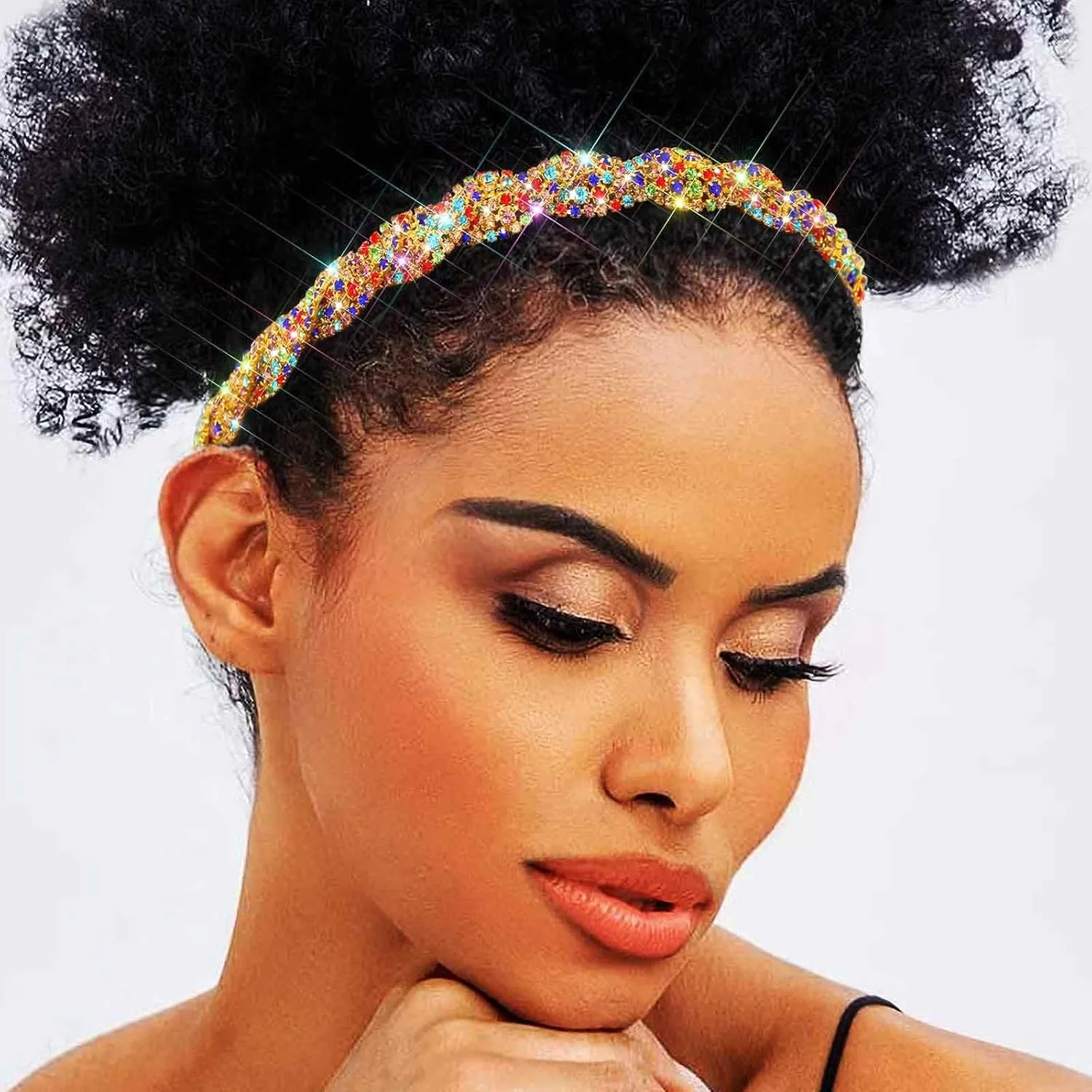 Fstrend Gold Elastic Rhinestone headbands Sparkly Crystal Braid Head Chain for Women (Colors A)