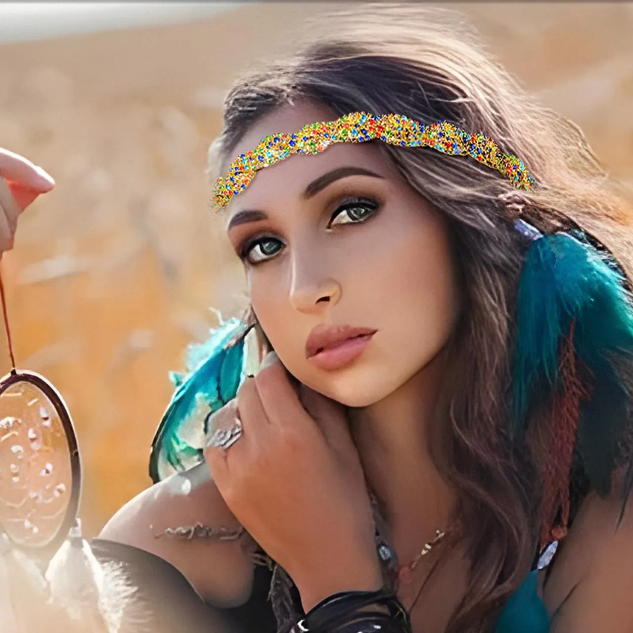Fstrend Gold Elastic Rhinestone headbands Sparkly Crystal Braid Head Chain for Women (Colors A)
