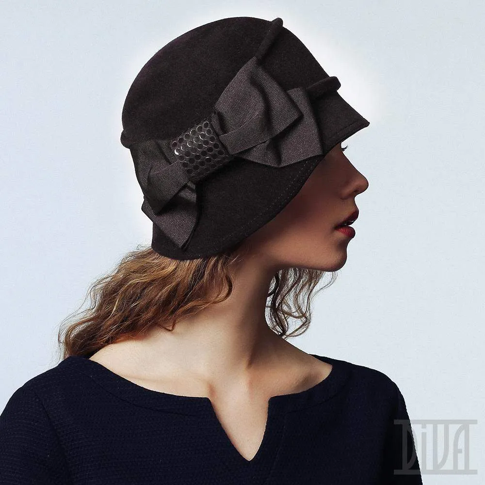 Fur felt velour cloche with grosgrain bow women winter hat