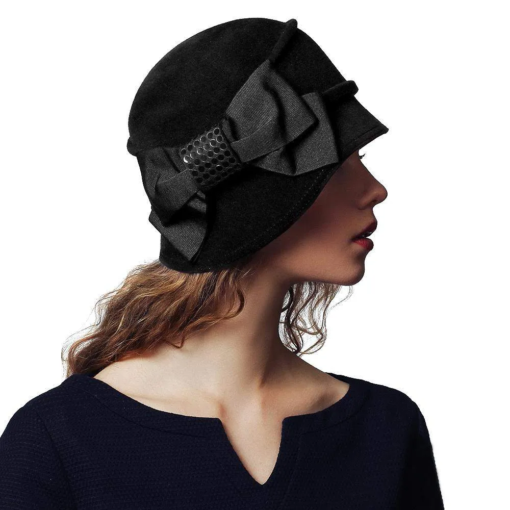 Fur felt velour cloche with grosgrain bow women winter hat
