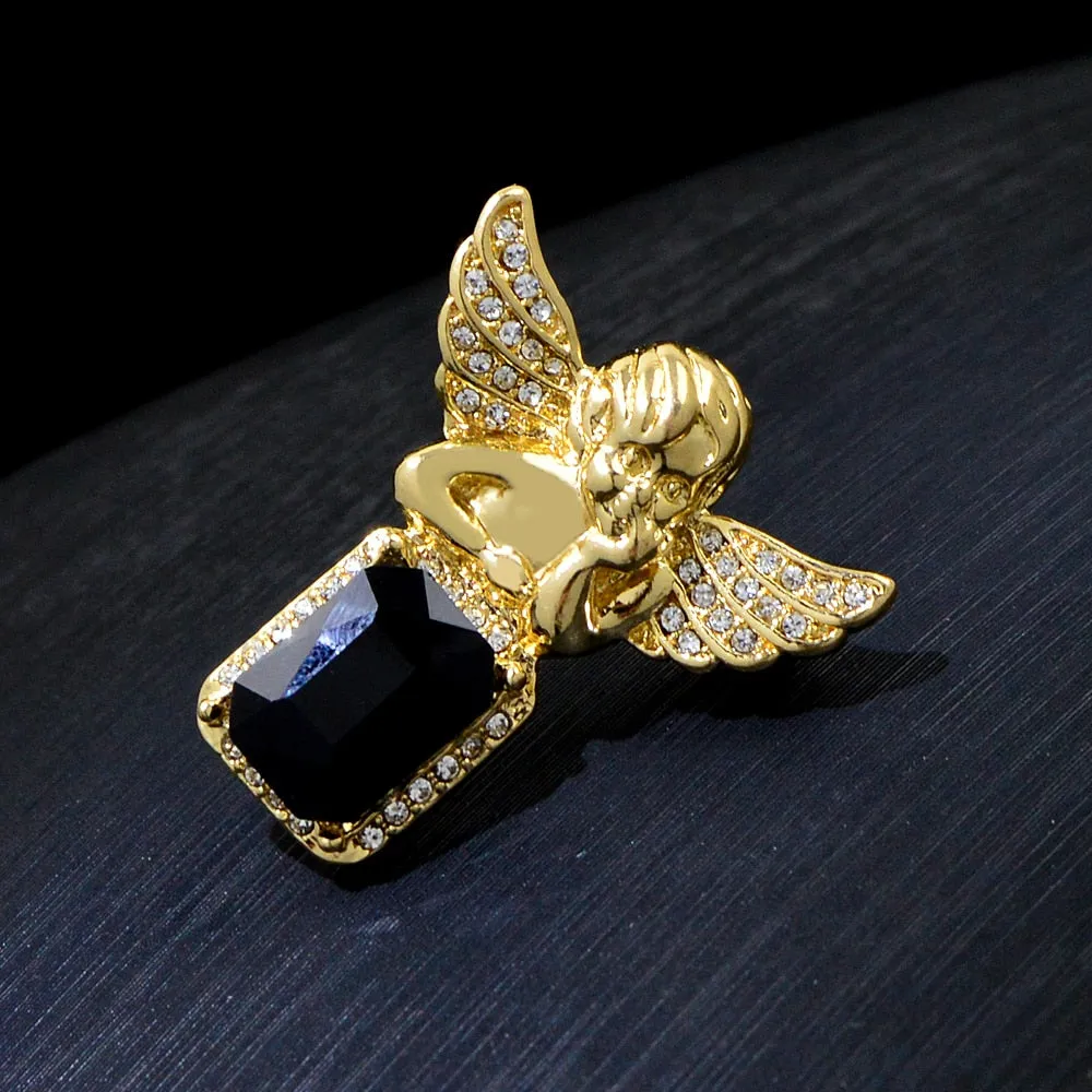 Gold Metal Rhinestone Angel Wings Boy Pins Funny Black Geometric Brooches