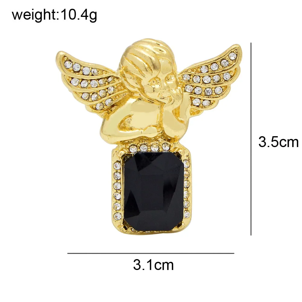 Gold Metal Rhinestone Angel Wings Boy Pins Funny Black Geometric Brooches