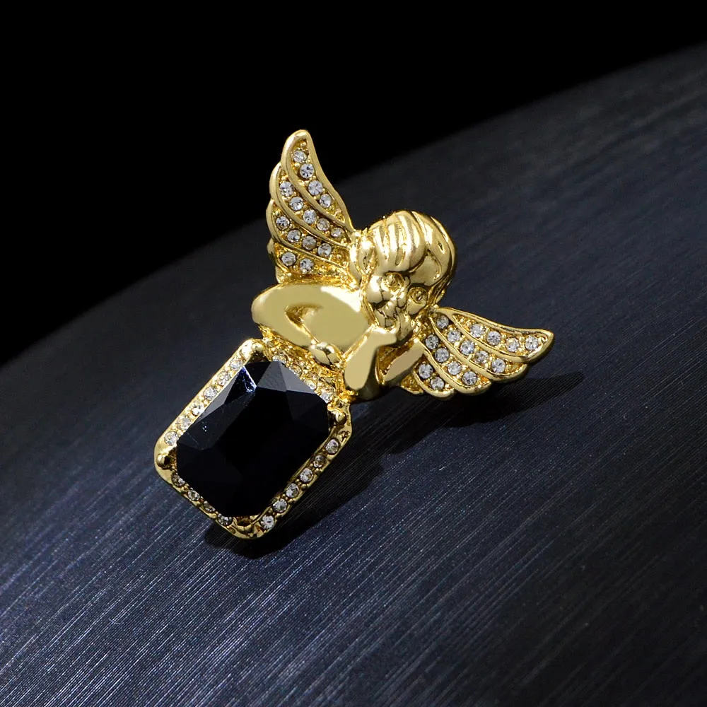 Gold Metal Rhinestone Angel Wings Boy Pins Funny Black Geometric Brooches