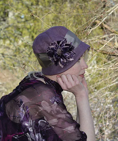 Grace Cloche Style Hat - Linen in Plum (Custom Flower Trim - Sold Out!)