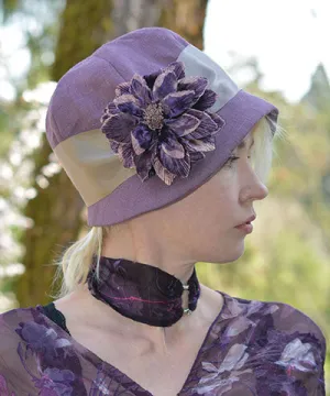 Grace Cloche Style Hat - Linen in Plum (Custom Flower Trim - Sold Out!)