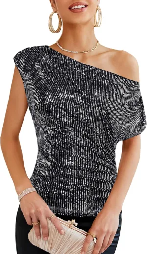 GRACE KARIN One Shoulder Sequin Sparkly Tops for Women Ruched Asymmetrical Glitter Tops Slimming Sparkle Party Shirts