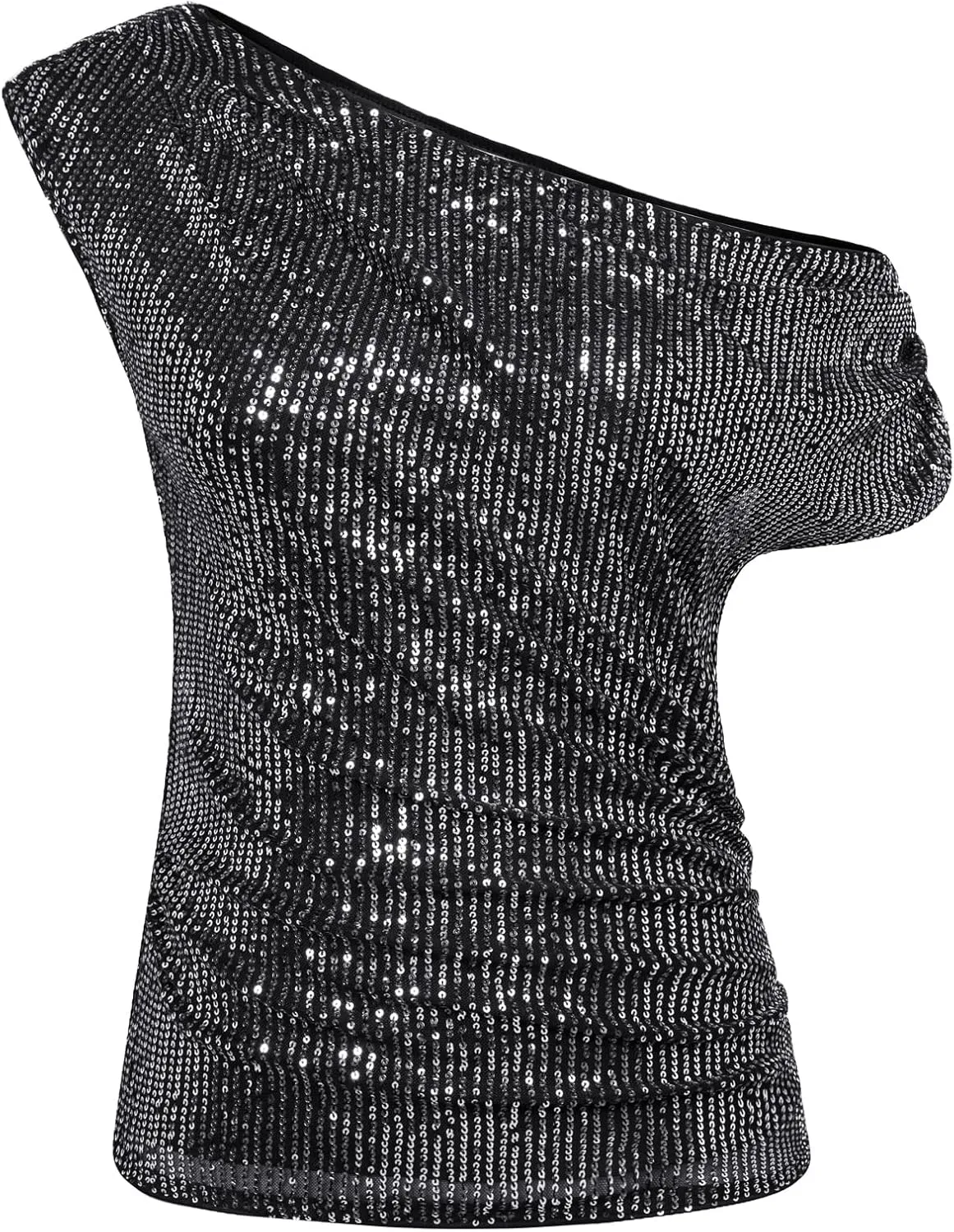 GRACE KARIN One Shoulder Sequin Sparkly Tops for Women Ruched Asymmetrical Glitter Tops Slimming Sparkle Party Shirts