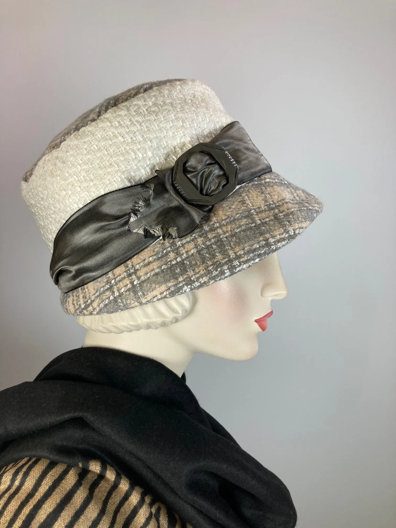 Gray, beige, ivory cloche hat. Flapper womens bucket hat. Small brim Great Gatsby hat winter. Downton Abbey mixed fabric Hat.