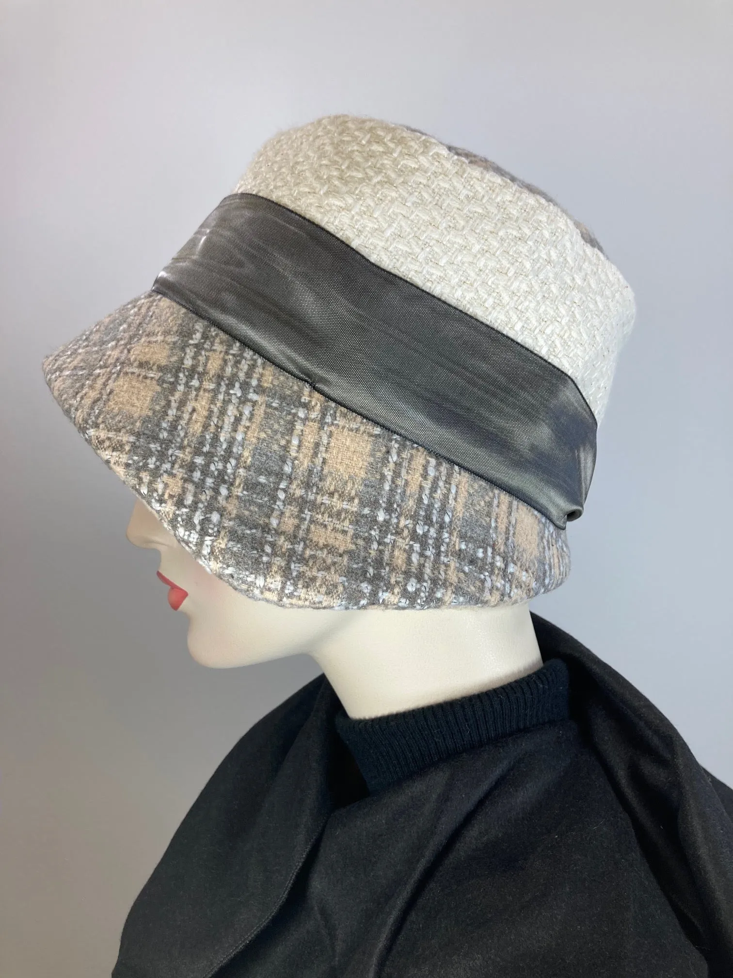 Gray, beige, ivory cloche hat. Flapper womens bucket hat. Small brim Great Gatsby hat winter. Downton Abbey mixed fabric Hat.