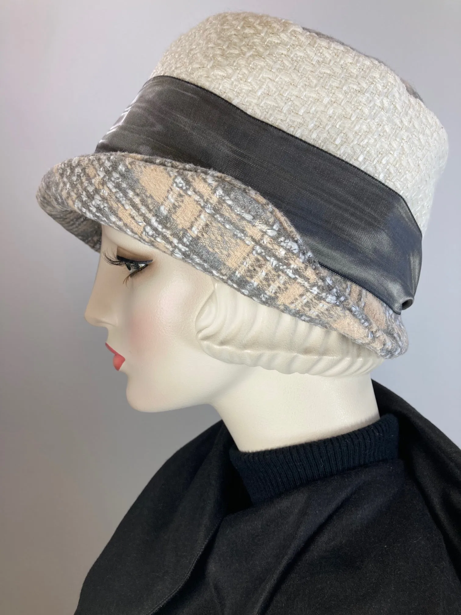 Gray, beige, ivory cloche hat. Flapper womens bucket hat. Small brim Great Gatsby hat winter. Downton Abbey mixed fabric Hat.