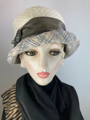 Gray, beige, ivory cloche hat. Flapper womens bucket hat. Small brim Great Gatsby hat winter. Downton Abbey mixed fabric Hat.