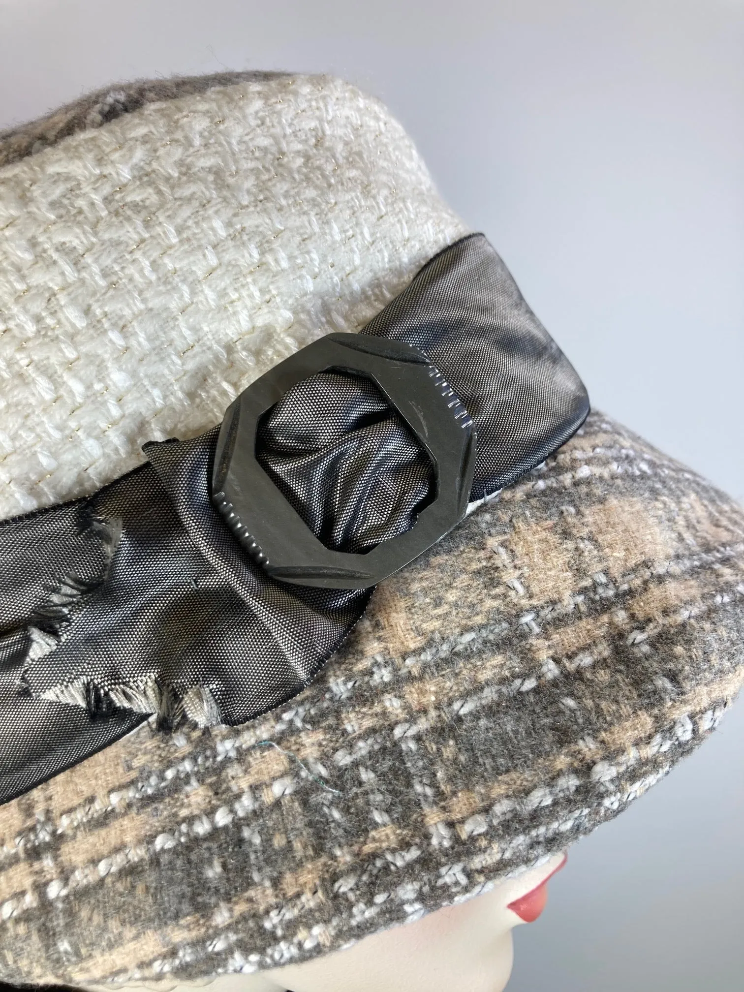 Gray, beige, ivory cloche hat. Flapper womens bucket hat. Small brim Great Gatsby hat winter. Downton Abbey mixed fabric Hat.