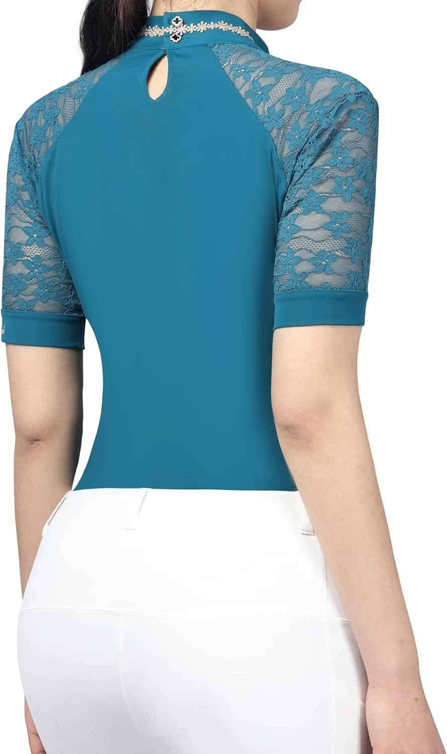 Harrison Howard Women's Slim Fit Show Shirt with Lace Sleeves and Iconic Bit Breathable Comfortable Rider Top