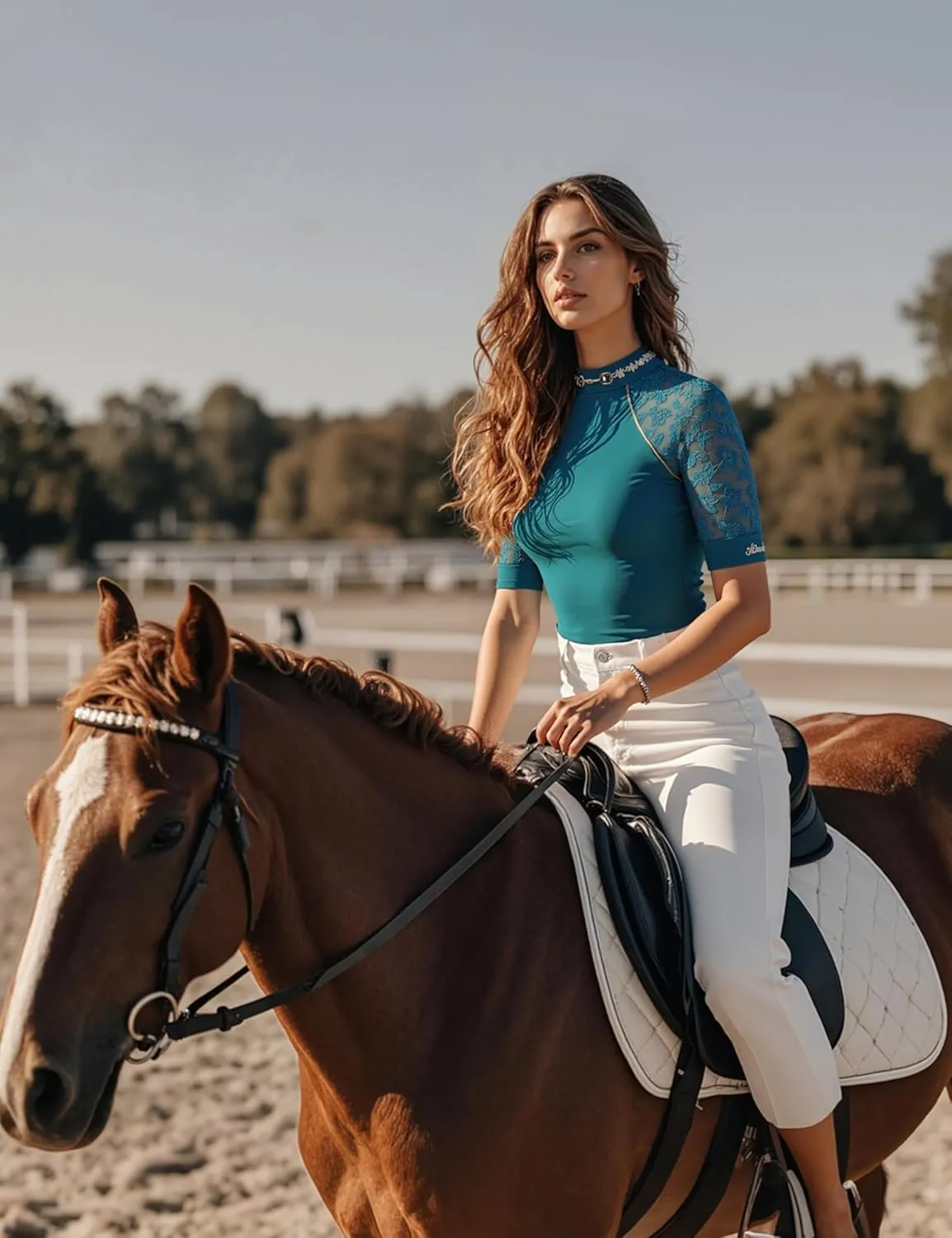Harrison Howard Women's Slim Fit Show Shirt with Lace Sleeves and Iconic Bit Breathable Comfortable Rider Top
