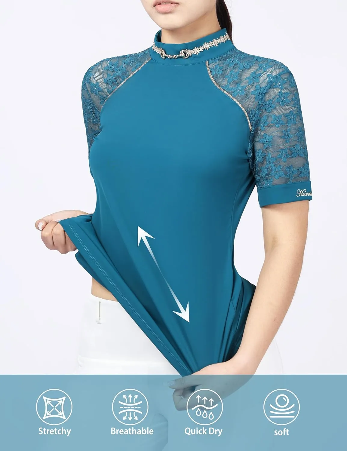 Harrison Howard Women's Slim Fit Show Shirt with Lace Sleeves and Iconic Bit Breathable Comfortable Rider Top
