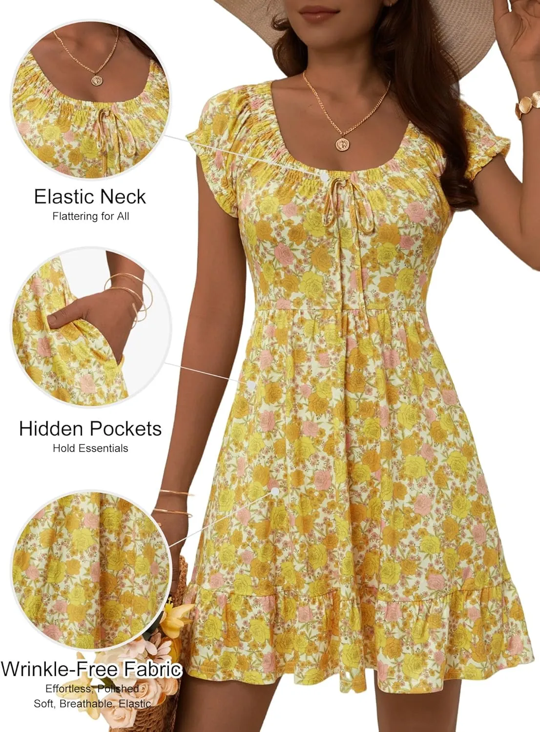 HUHOT Teen Petite Women Floral Short Summer Mini Dresses with Pockets Cute Milkmaid Sundress