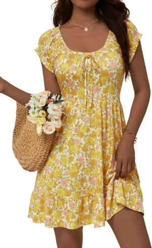 HUHOT Teen Petite Women Floral Short Summer Mini Dresses with Pockets Cute Milkmaid Sundress