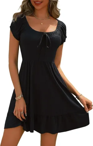 HUHOT Teen Petite Women Floral Short Summer Mini Dresses with Pockets Cute Milkmaid Sundress
