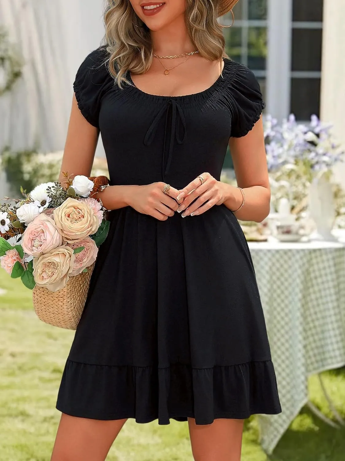 HUHOT Teen Petite Women Floral Short Summer Mini Dresses with Pockets Cute Milkmaid Sundress