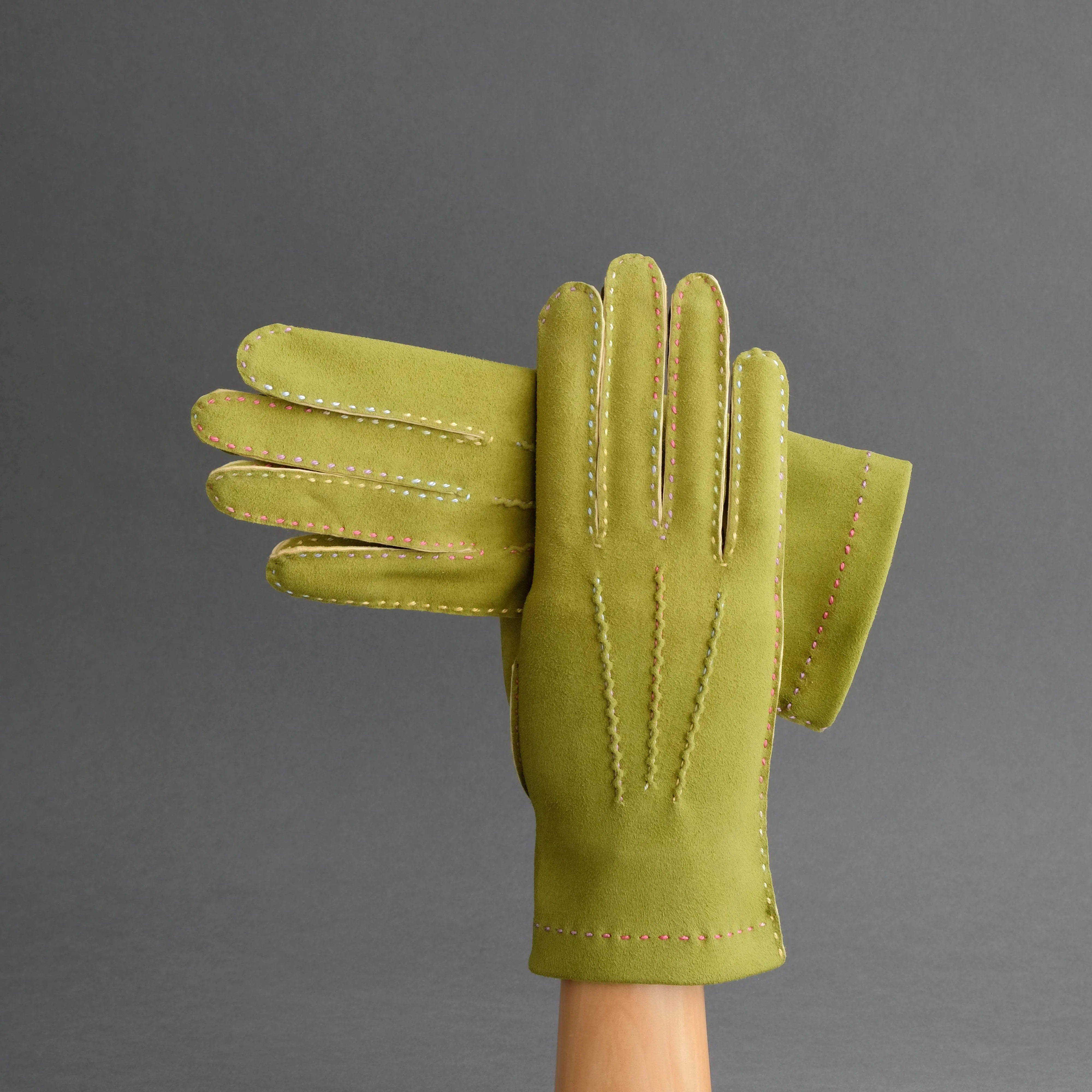 Ladies Unlined Hand Sewn Gloves From Lime Green Doeskin