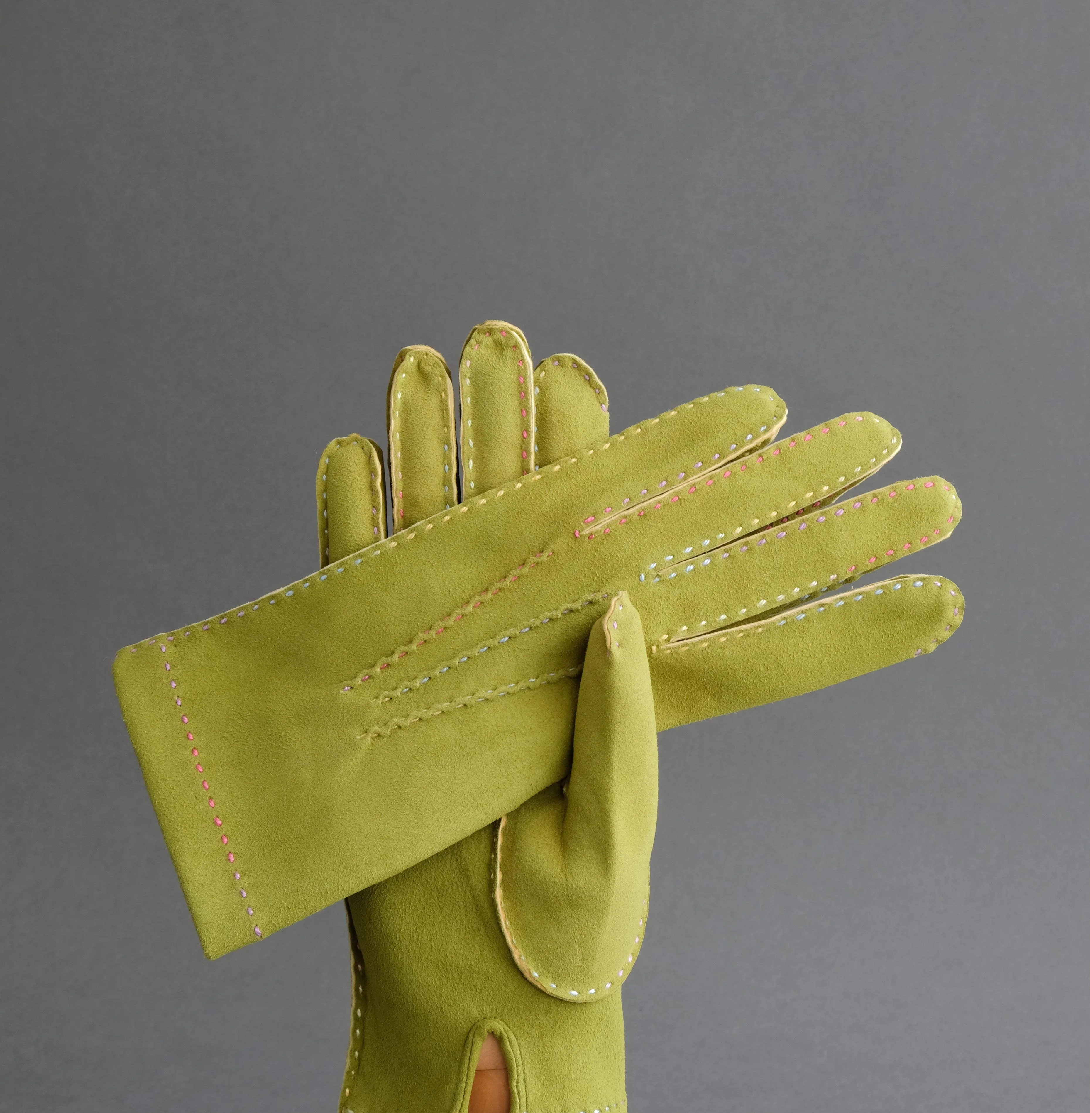 Ladies Unlined Hand Sewn Gloves From Lime Green Doeskin