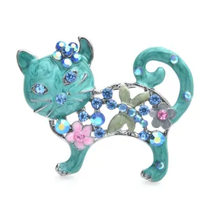 Lovely Enamel Cat Brooches Women Metal Rhinestone Flower Animal Casual Brooch