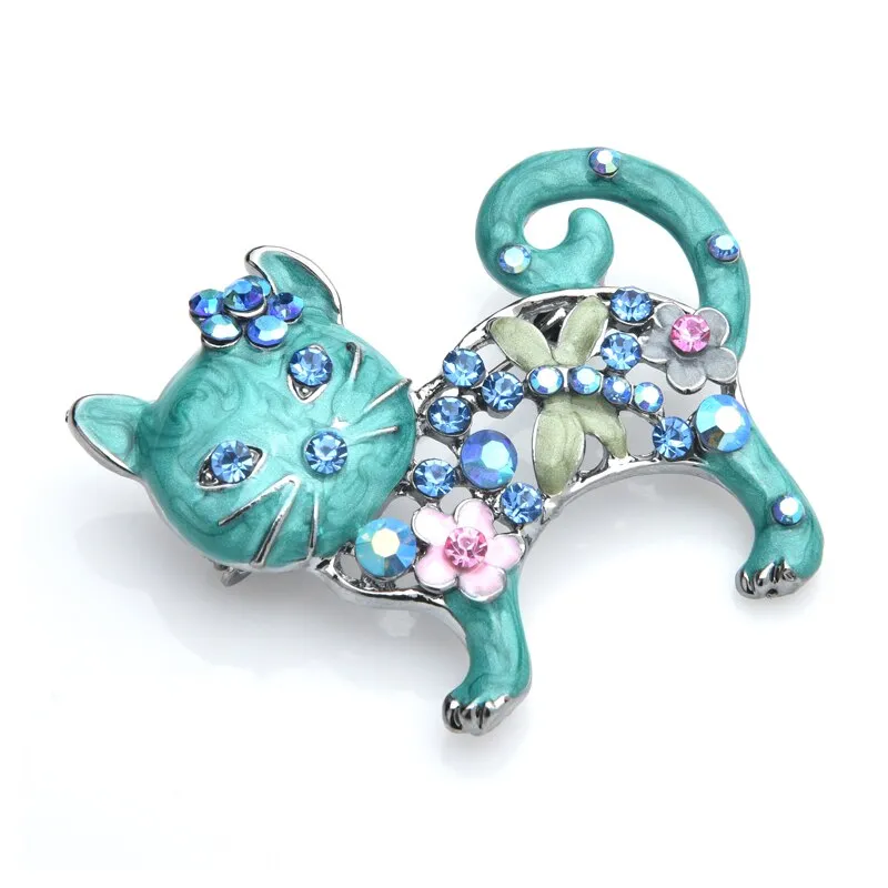 Lovely Enamel Cat Brooches Women Metal Rhinestone Flower Animal Casual Brooch