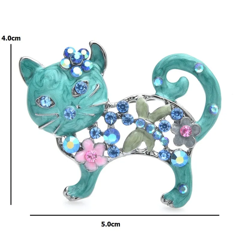 Lovely Enamel Cat Brooches Women Metal Rhinestone Flower Animal Casual Brooch