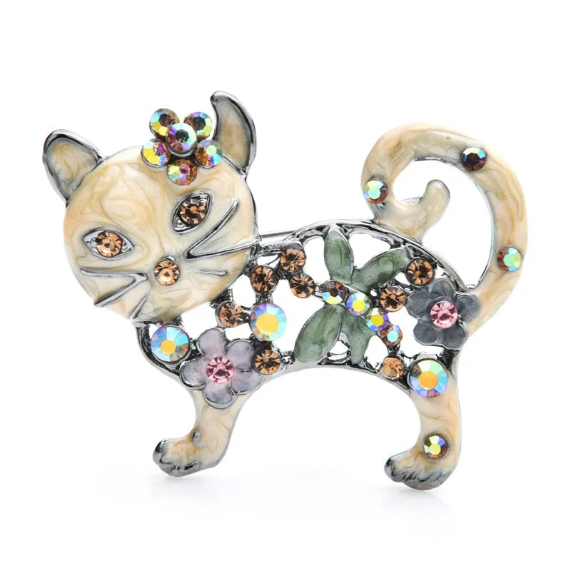 Lovely Enamel Cat Brooches Women Metal Rhinestone Flower Animal Casual Brooch