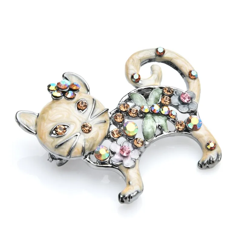Lovely Enamel Cat Brooches Women Metal Rhinestone Flower Animal Casual Brooch