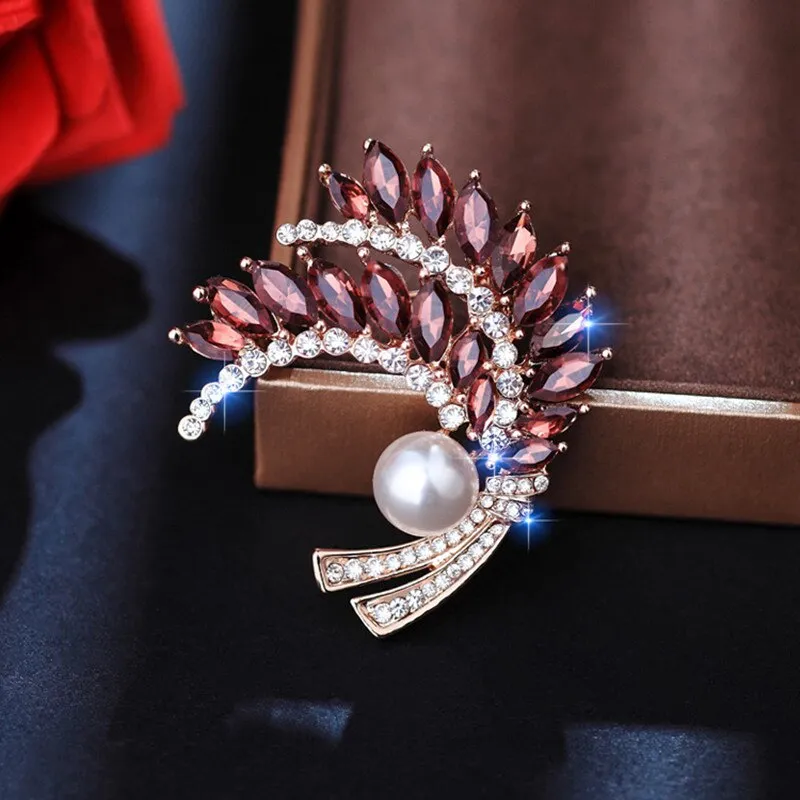 Luxury Clear Blue Red Crystal Wheat Brooch For Women
