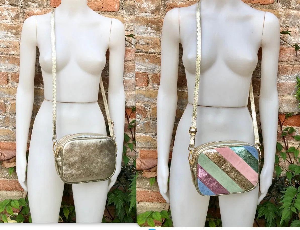Metallic shine leather bag in GOLD, pink, green and blue. Reversible cross body / shoulder bag in GENUINE leather. Adjustable  strap.