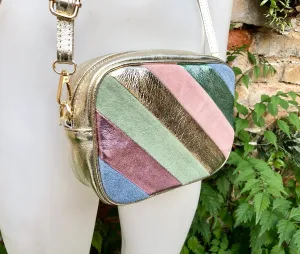 Metallic shine leather bag in GOLD, pink, green and blue. Reversible cross body / shoulder bag in GENUINE leather. Adjustable  strap.