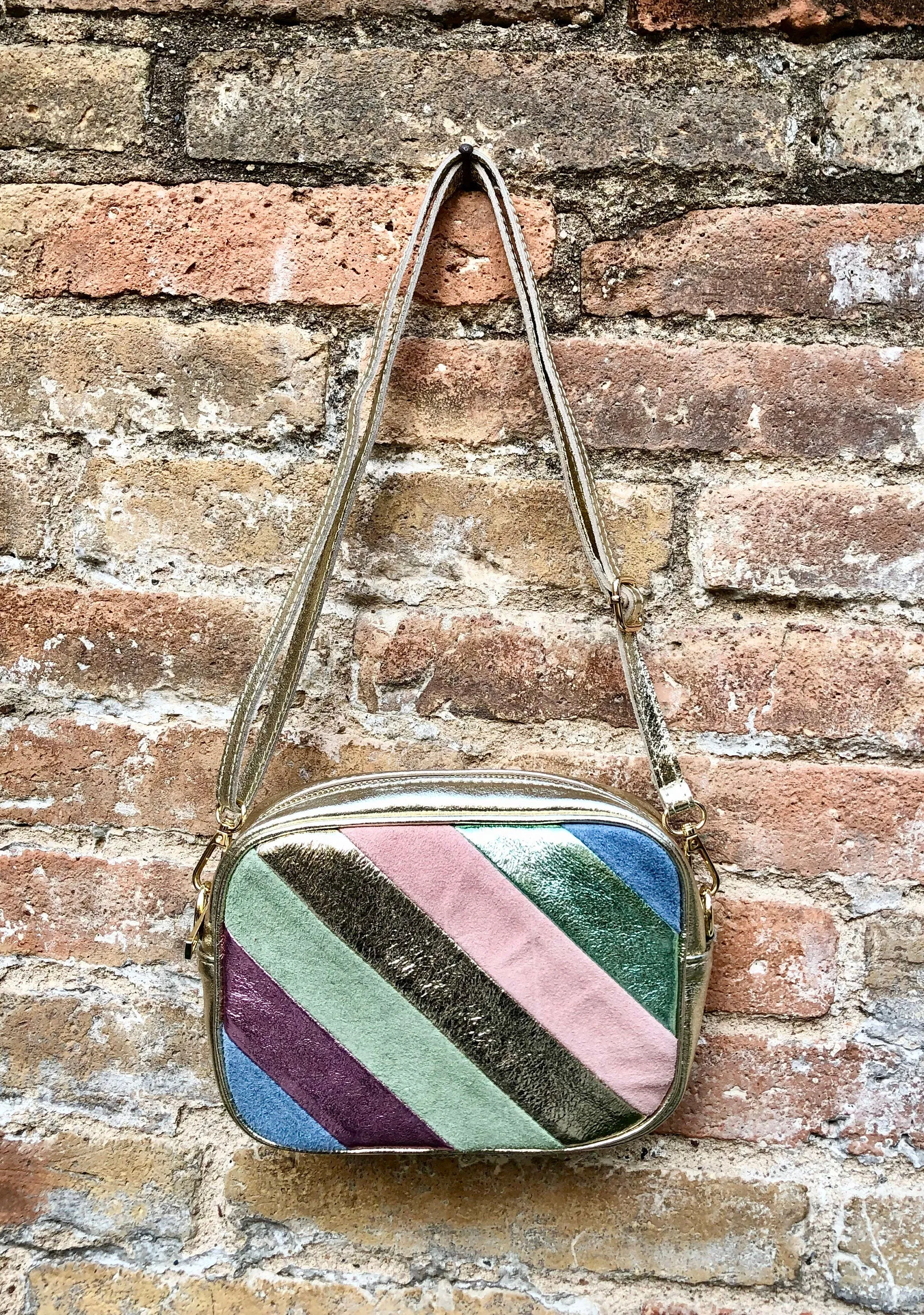 Metallic shine leather bag in GOLD, pink, green and blue. Reversible cross body / shoulder bag in GENUINE leather. Adjustable  strap.