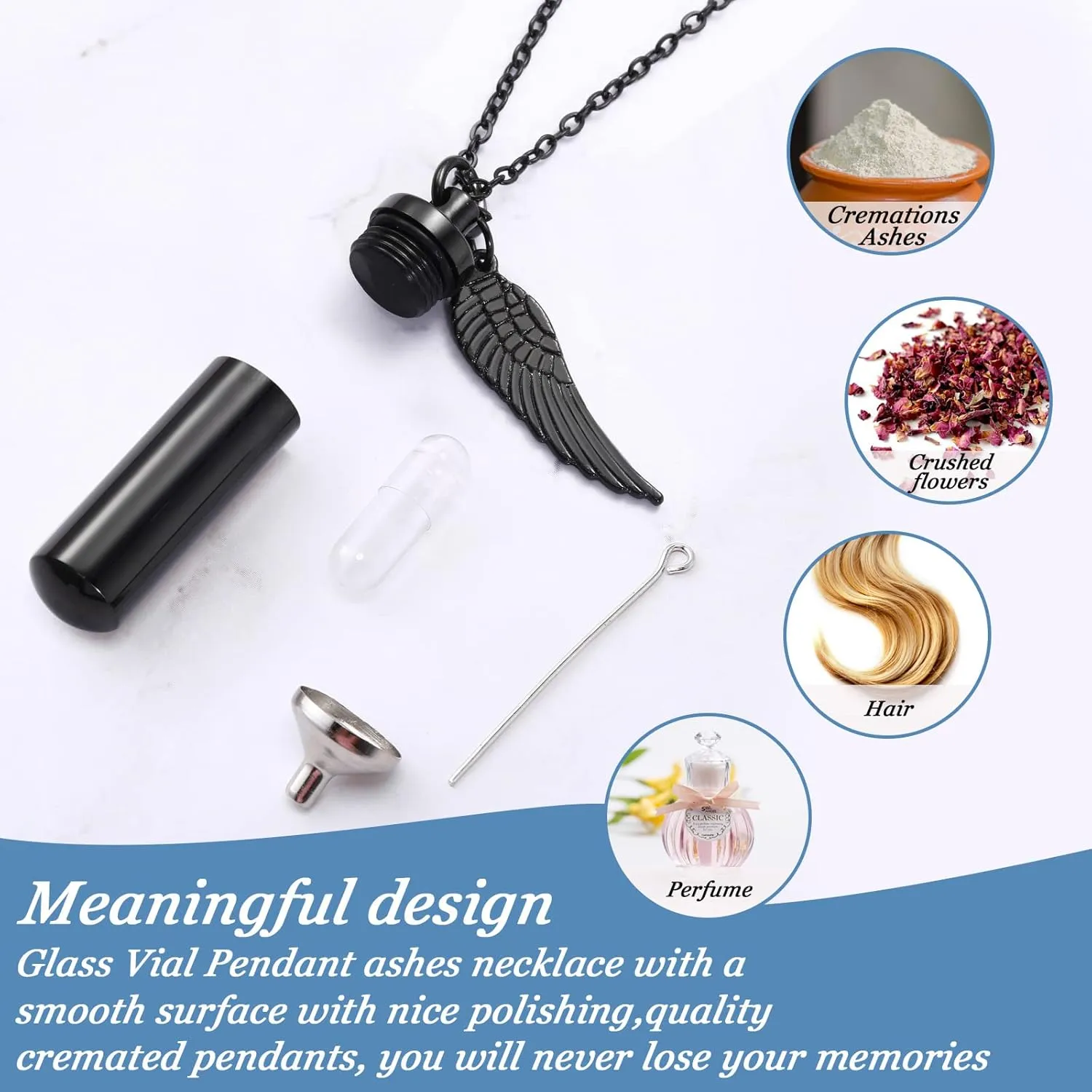MTLEE Urn Necklace for Ashes Cremation Jewelry for Ashes, 6 Pieces Stainless Steel Cremation Jewelry for Women Men, Memorial Necklace Angel Keepsake Cylinder Pendant with Filling Kit