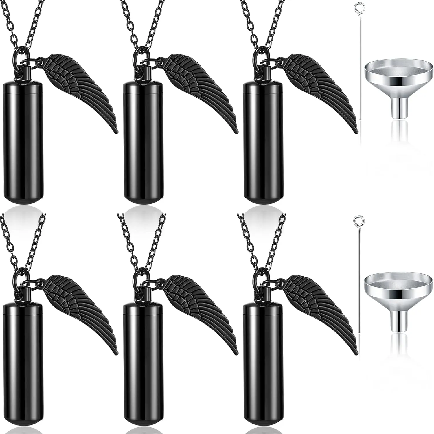 MTLEE Urn Necklace for Ashes Cremation Jewelry for Ashes, 6 Pieces Stainless Steel Cremation Jewelry for Women Men, Memorial Necklace Angel Keepsake Cylinder Pendant with Filling Kit