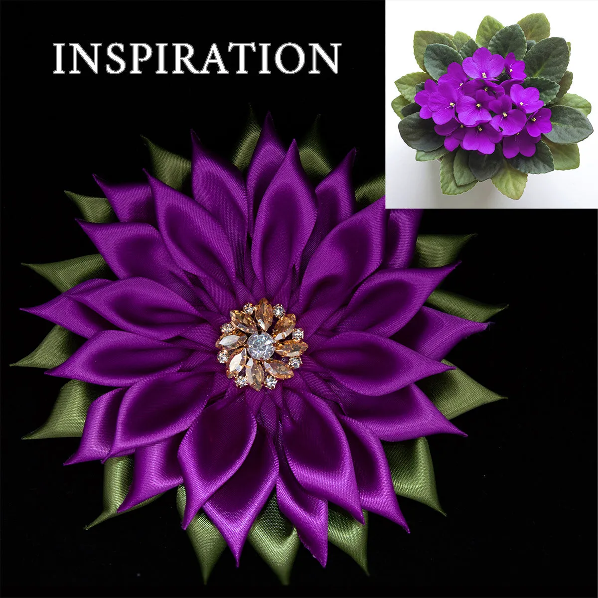 **NEW** Purple Violet & Green Ribbon Flower Brooch