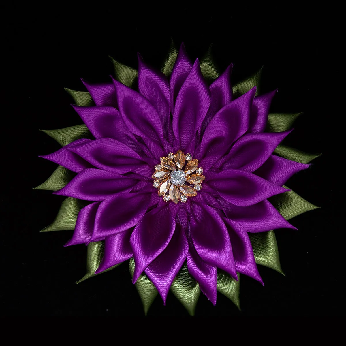 **NEW** Purple Violet & Green Ribbon Flower Brooch