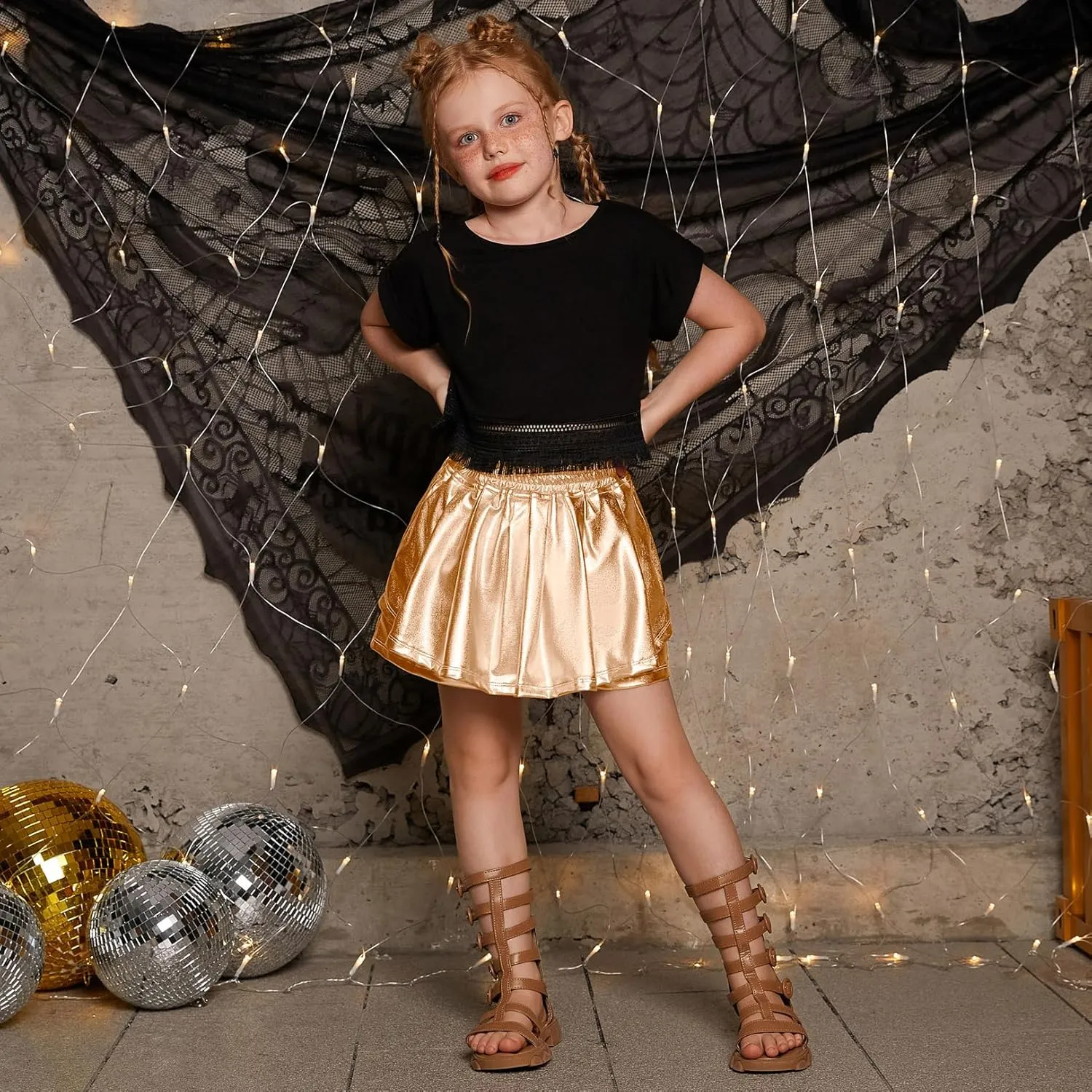Perfashion Girls' Metallic Skorts Sparkly Shorts Shiny Dance Skirt with Pockets 4-13 Years