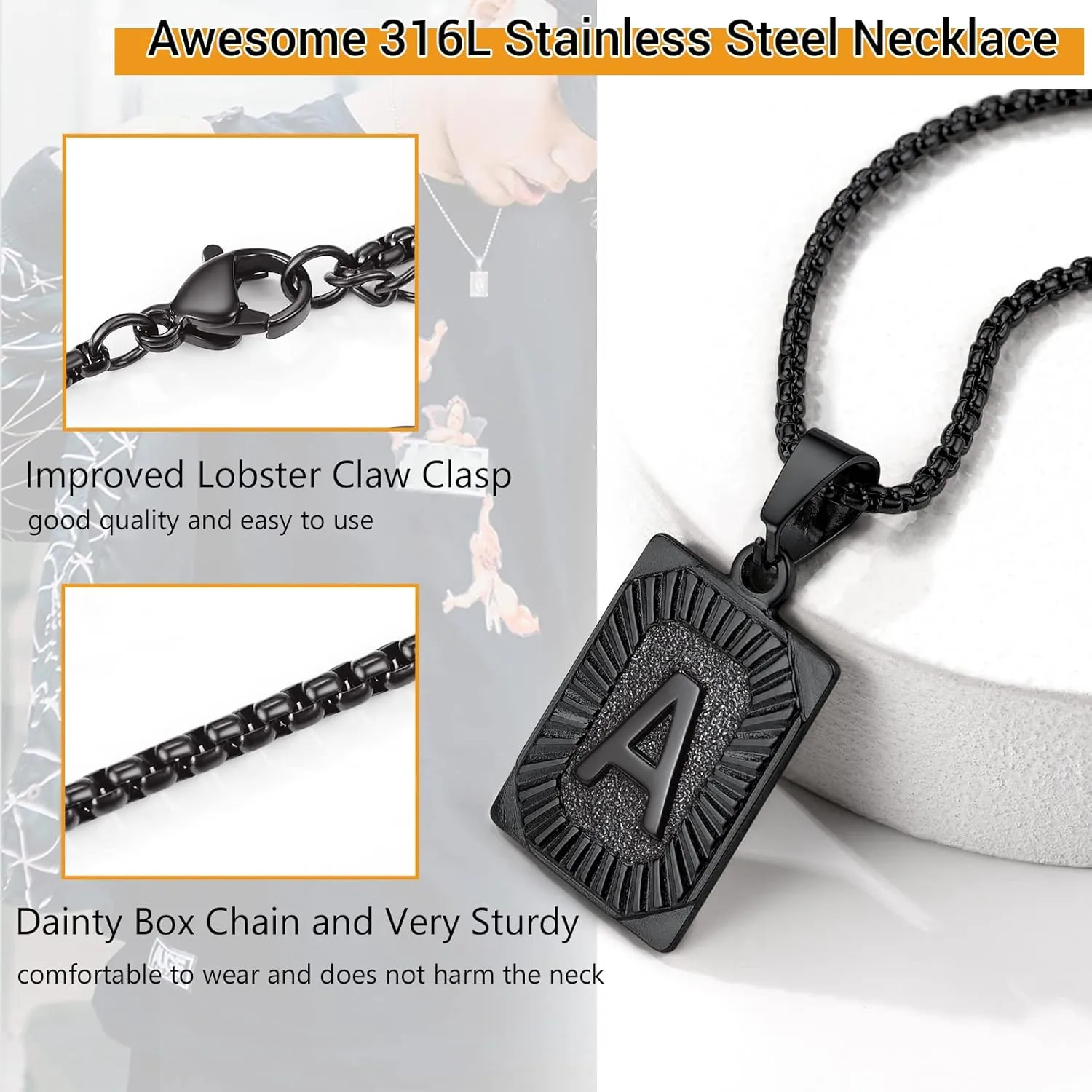 PROSTEEL Stylish Initial Necklace, Capital Letter Necklace A to Z, Silver/Gold/Black Tone, Customize Text Available, Box Chain 20-22 inch Adjustable